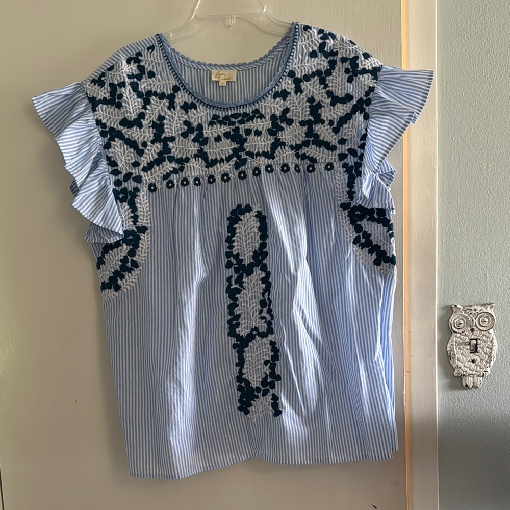 Blue Flutter Sleeve Ruffled Blouse with Bib Collar